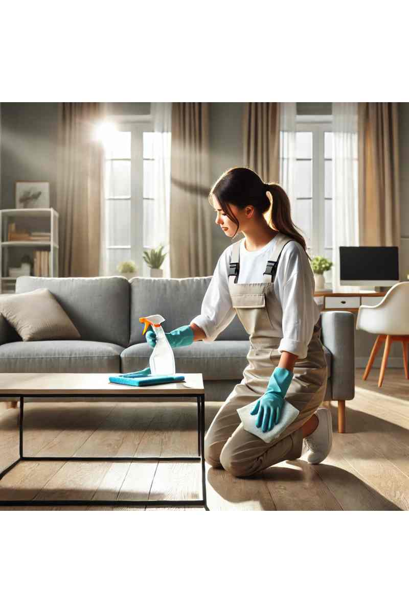 A professional cleaner sanitizing a modern living room with a clean coffee table, comfortable sofa, and natural light streaming through large windows.