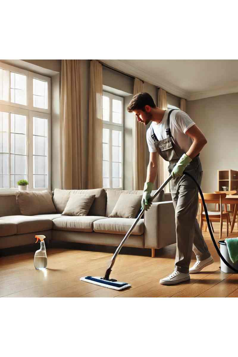 A professional cleaner deep-cleaning an empty living room with wooden floors and large windows, showcasing thorough move-out cleaning services