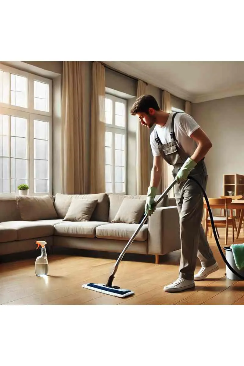 A professional cleaner deep-cleaning an empty living room with wooden floors and large windows, showcasing thorough move-out cleaning services
