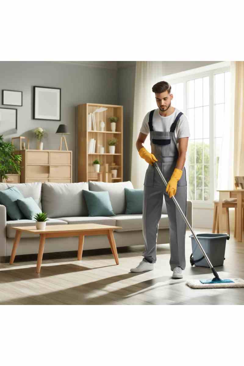 A professional cleaner mopping the floor of a bright and modern living room, featuring a comfortable sofa and natural light, showcasing professional cleaning services