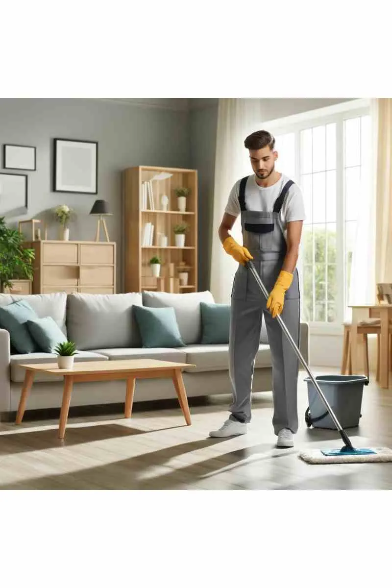A professional cleaner mopping the floor of a bright and modern living room, featuring a comfortable sofa and natural light, showcasing professional cleaning services
