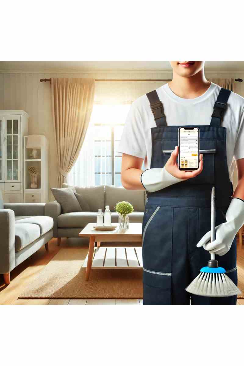 A professional cleaner in uniform holding a smartphone in a bright and clean living room, symbolizing on-demand call clean services