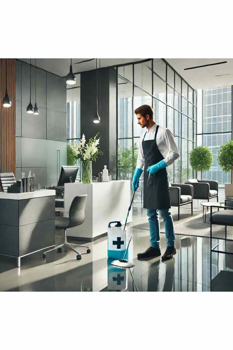 A professional cleaner sanitizing a modern office reception area with sleek furniture and a clean glass entrance, showcasing commercial cleaning services