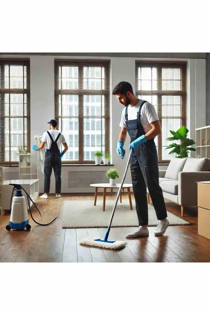 A professional cleaner tidying an empty living room with wooden floors and large windows during a move-out cleaning service