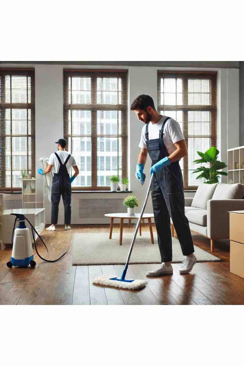 A professional cleaner tidying an empty living room with wooden floors and large windows during a move-out cleaning service