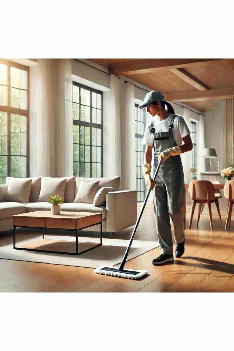 A professional cleaner mopping the floor of a bright, modern living room with natural light, showcasing professional cleaning services for homes and businesses