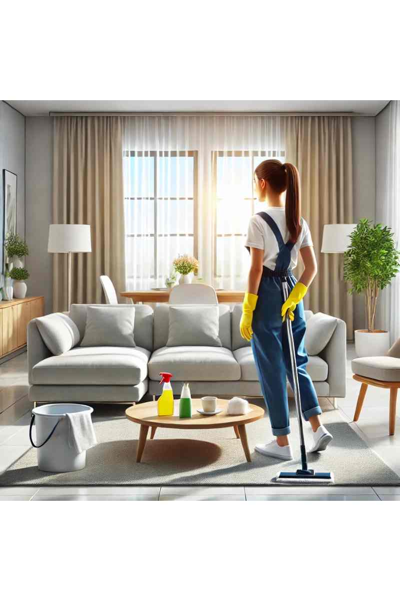 A professional cleaner in uniform with a certification badge cleaning a modern living room, symbolizing insured and bonded house cleaning services.