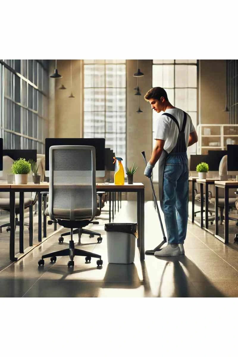 A professional cleaner sanitizing a modern office space with sleek desks and natural light, showcasing professional commercial cleaning services