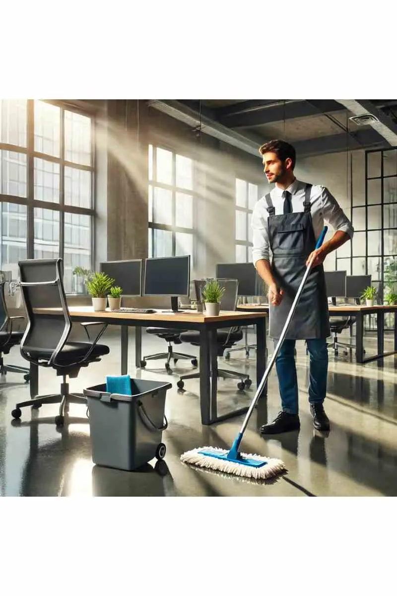 A professional cleaner in uniform cleaning a modern office space with a mop and bucket, highlighting service master cleaning for businesses