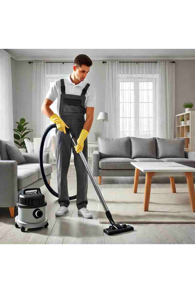 A professional cleaner in uniform vacuuming a modern living room with a clean coffee table and natural light, showcasing professional cleaning services
