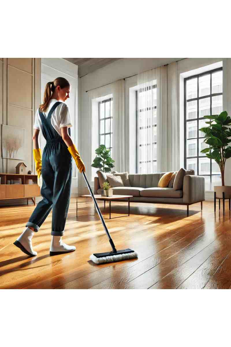A professional cleaner in uniform cleaning an unfurnished living room with polished wooden floors and large windows, showcasing thorough move-in cleaning services.