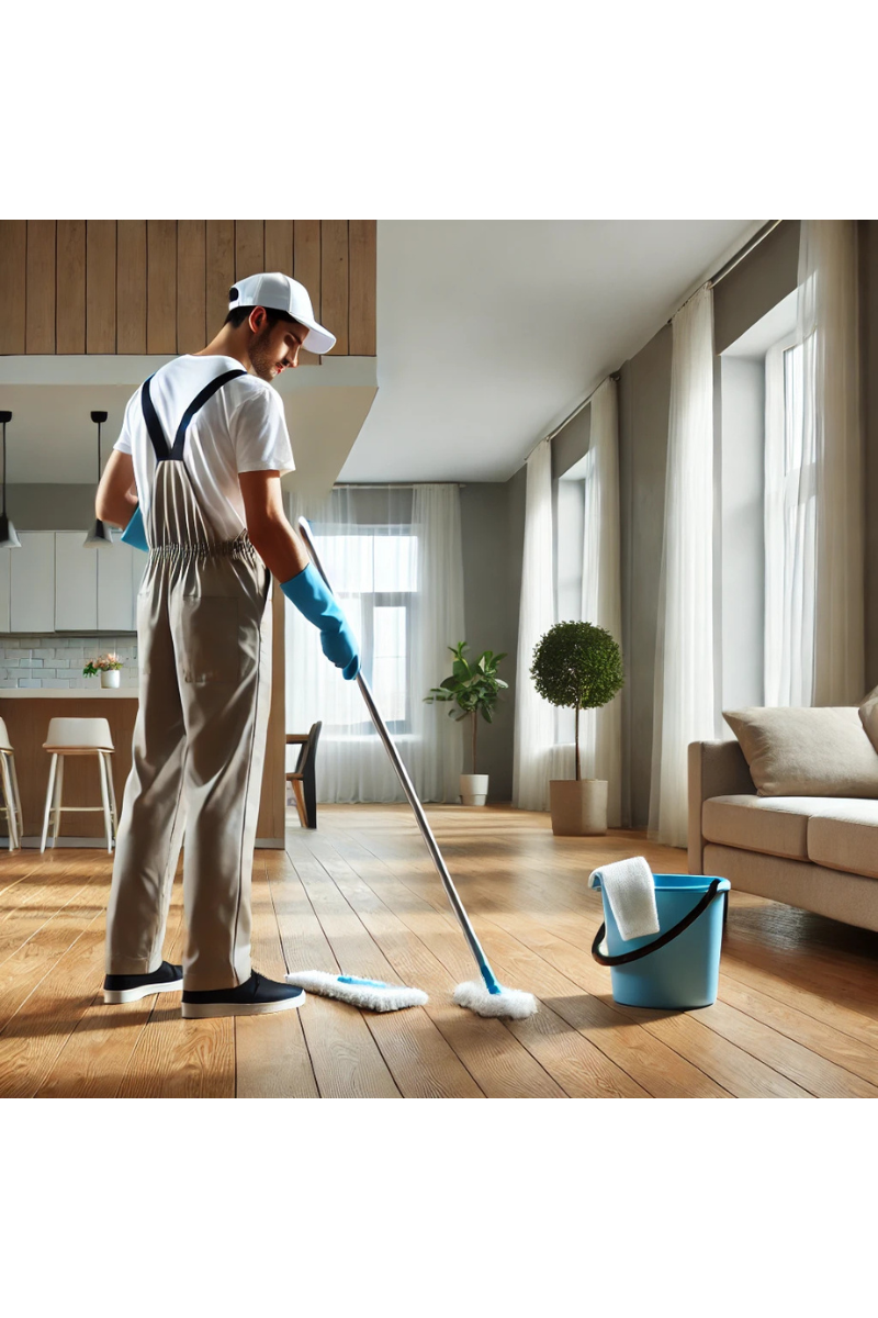 A professional cleaner in uniform deep-cleaning an empty apartment with wooden floors and large windows, emphasizing professional move-out cleaning services