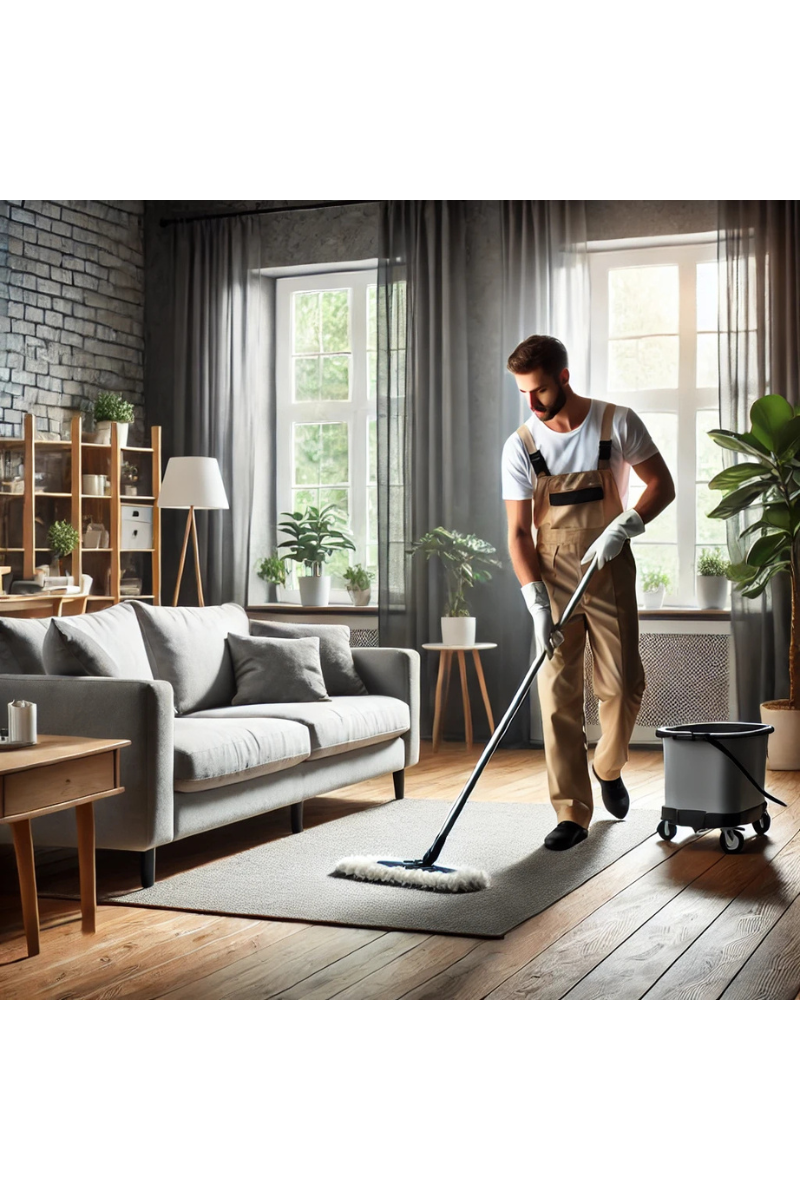 A professional cleaner mopping the floor of a cozy, modern living room with a clean coffee table and natural light streaming through windows, showcasing professional house cleaning services.