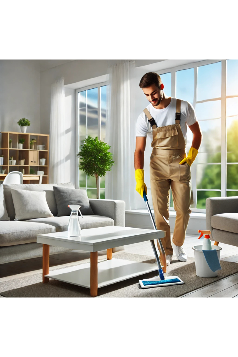 A professional cleaner in uniform cleaning a bright, modern living room with natural light, showcasing bonded and insured house cleaning services
