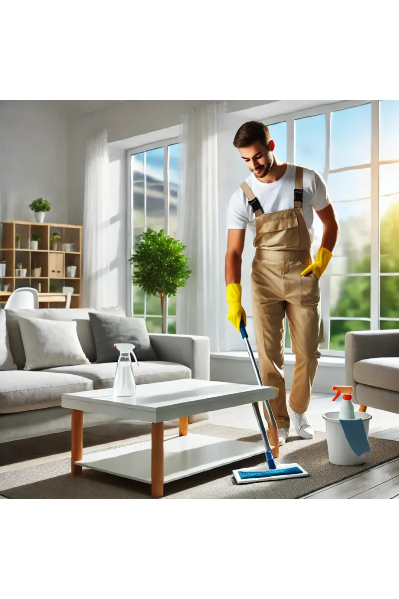 A professional cleaner in uniform cleaning a bright, modern living room with natural light, showcasing bonded and insured house cleaning services
