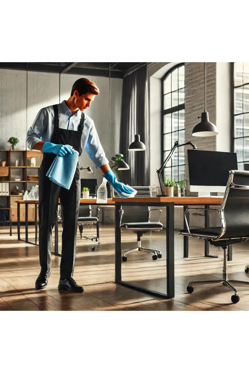 A professional cleaner in uniform sanitizing a modern office space with a microfiber cloth, showcasing commercial housekeeping services.