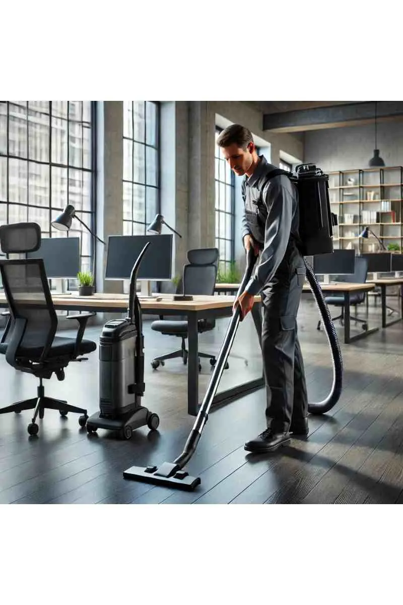 A professional cleaner in uniform vacuuming the floor of a modern office with sleek desks and ergonomic chairs, showcasing commercial office cleaning services.