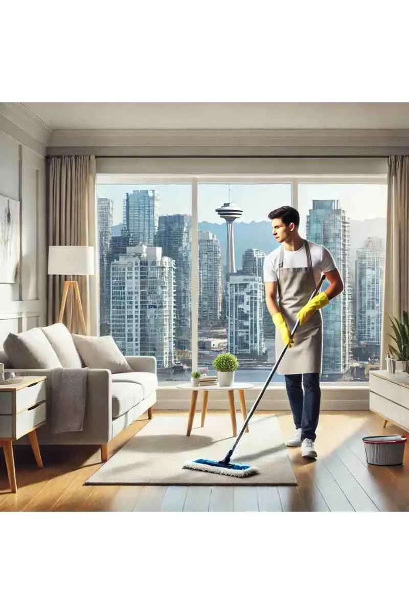 A professional cleaner mopping the floor of a modern Vancouver living room with cityscape views, showcasing house cleaning services in Vancouver.
