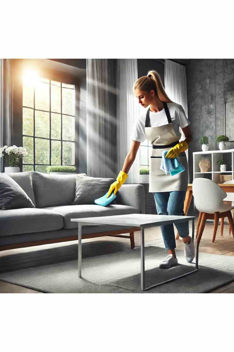 A professional cleaner in uniform dusting a bright and modern living room with a clean coffee table and natural light, showcasing professional house cleaning services.
