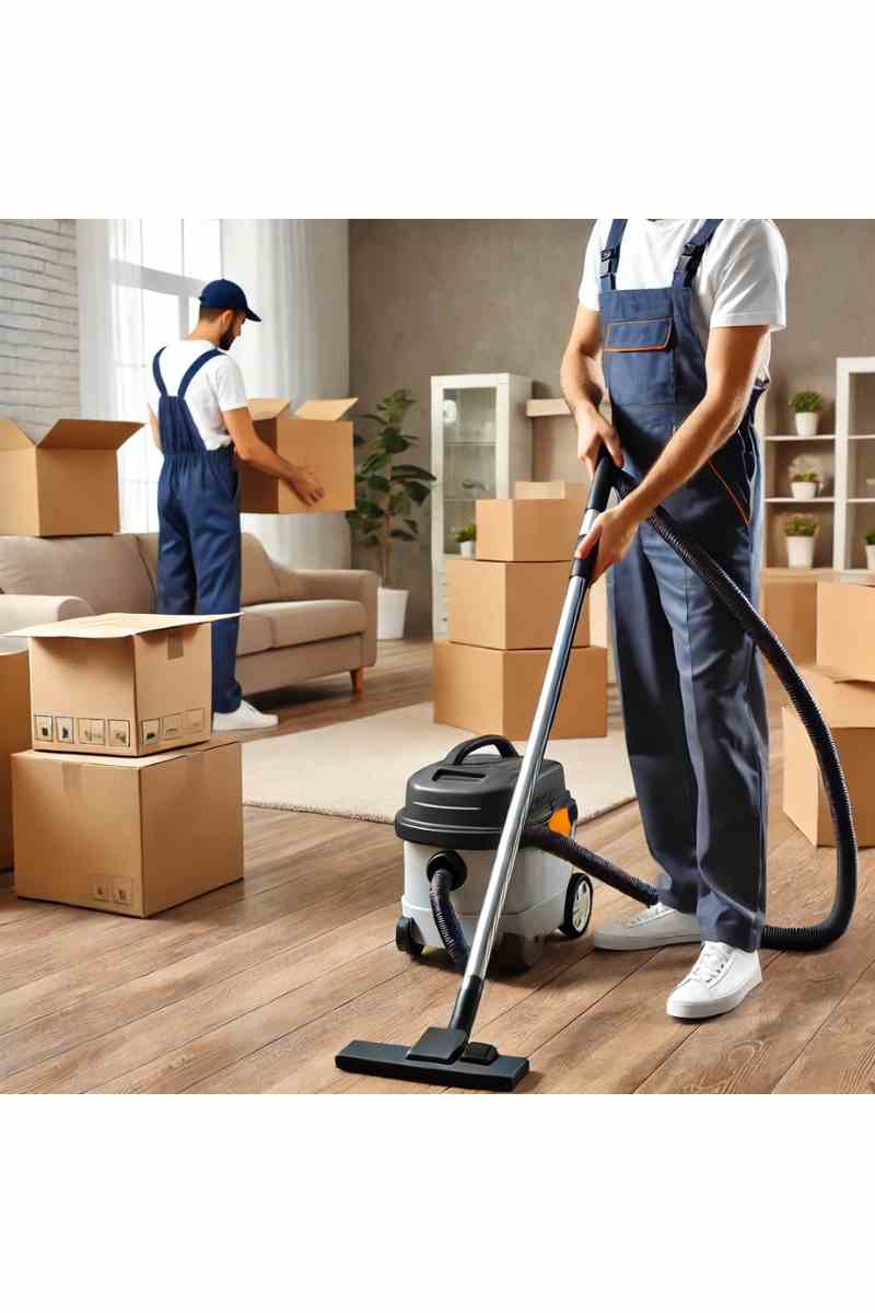 A professional cleaner in uniform vacuuming a partially packed living room with moving boxes, showcasing cleaning and moving services