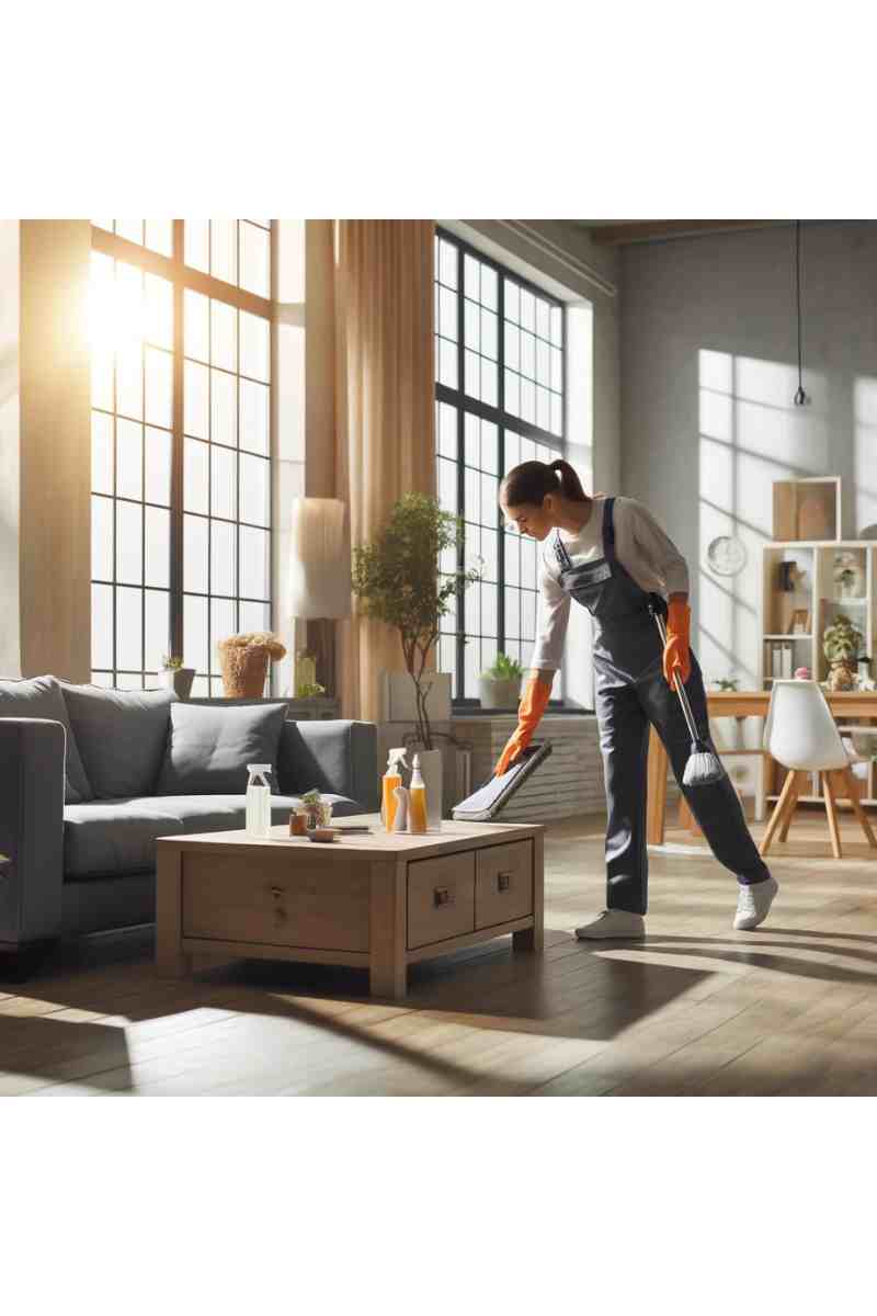 A professional cleaner in uniform dusting a modern living room with a clean coffee table and sofa, showcasing professional cleaning services