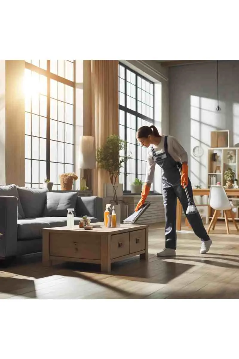 A professional cleaner in uniform dusting a modern living room with a clean coffee table and sofa, showcasing professional cleaning services