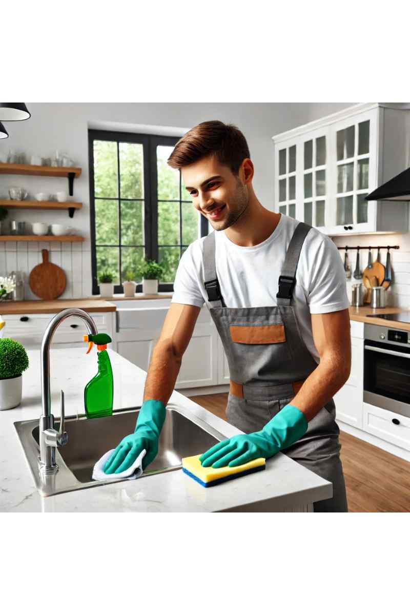 A professional cleaner deep-cleaning a modern kitchen with spotless countertops and eco-friendly supplies, showcasing affordable deep cleaning services