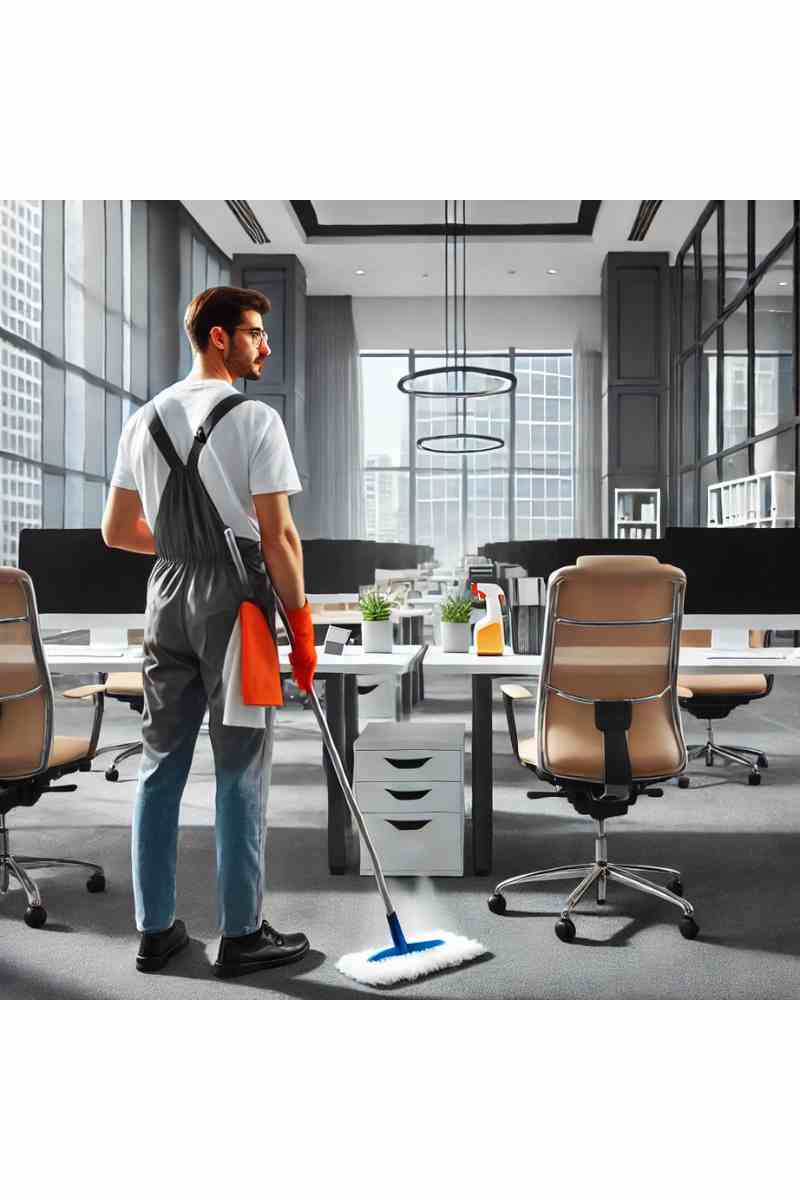 A professional cleaner in uniform dusting a sleek corporate office with large windows and ergonomic chairs, showcasing commercial office cleaning services