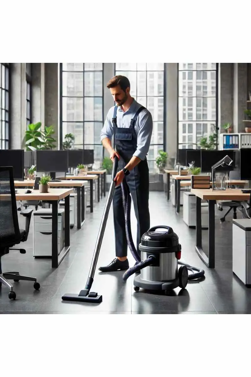 A professional cleaner in uniform vacuuming a modern office space with organized desks and ergonomic chairs, showcasing commercial cleaning services