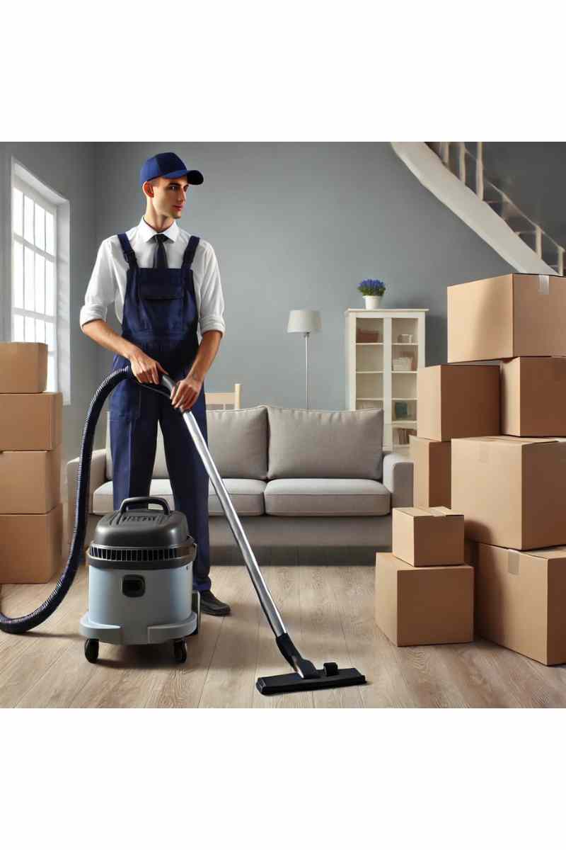A professional cleaner in uniform vacuuming an empty living room with neatly stacked moving boxes, showcasing affordable move-out cleaning services