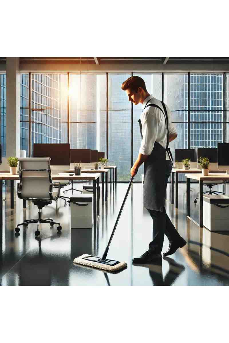 A professional cleaner in uniform mopping the floor of a modern office with sleek desks and natural light, showcasing professional service cleaning