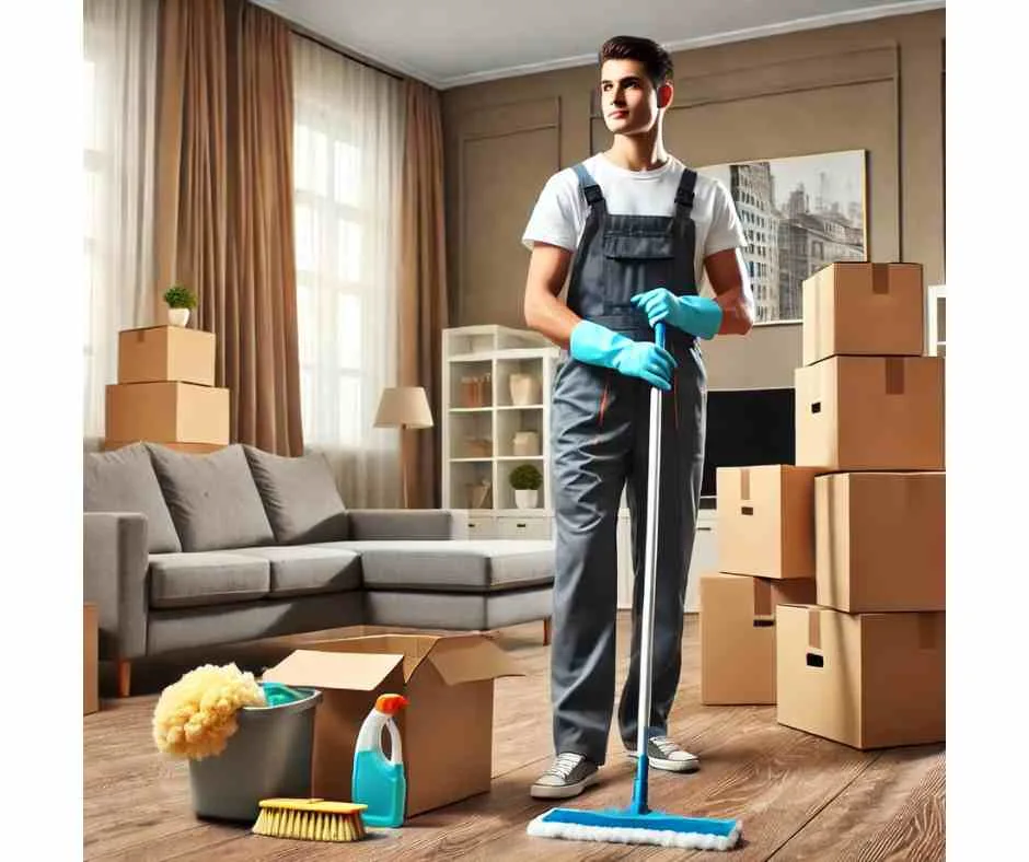 A professional cleaner in uniform cleaning an empty apartment's living room with moving boxes in the background, showcasing professional move-out cleaning services