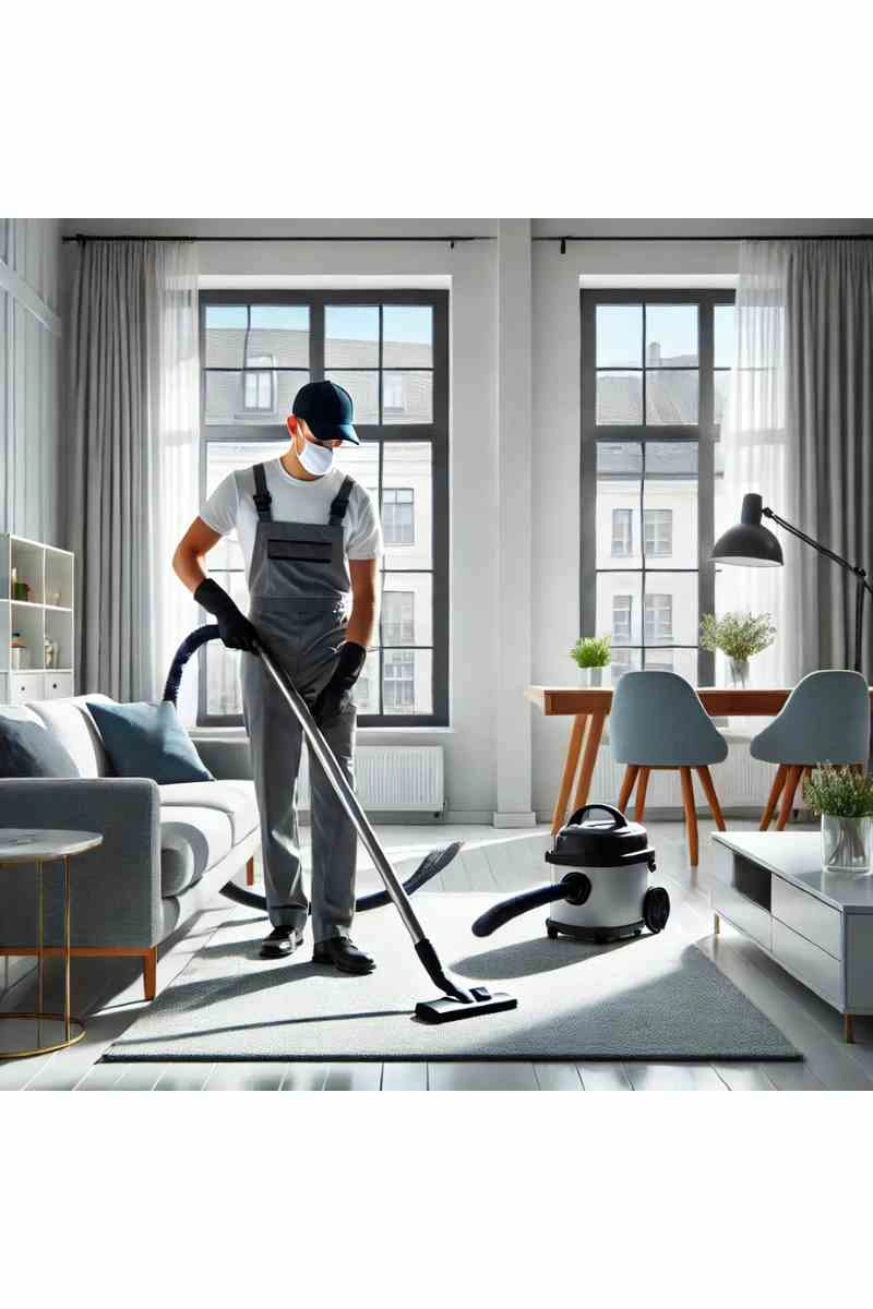 A professional cleaner in uniform vacuuming a bright, modern living room with a comfortable sofa and clean coffee table, highlighting professional house cleaning services
