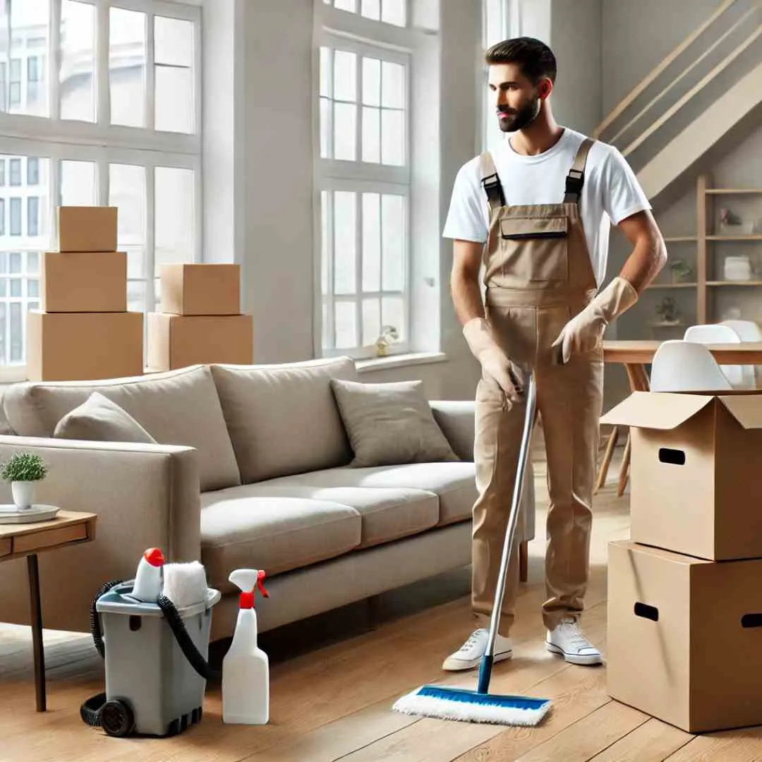 A professional cleaner in uniform cleaning an empty living room with moving boxes neatly stacked in the corner, showcasing professional move-out cleaning services.