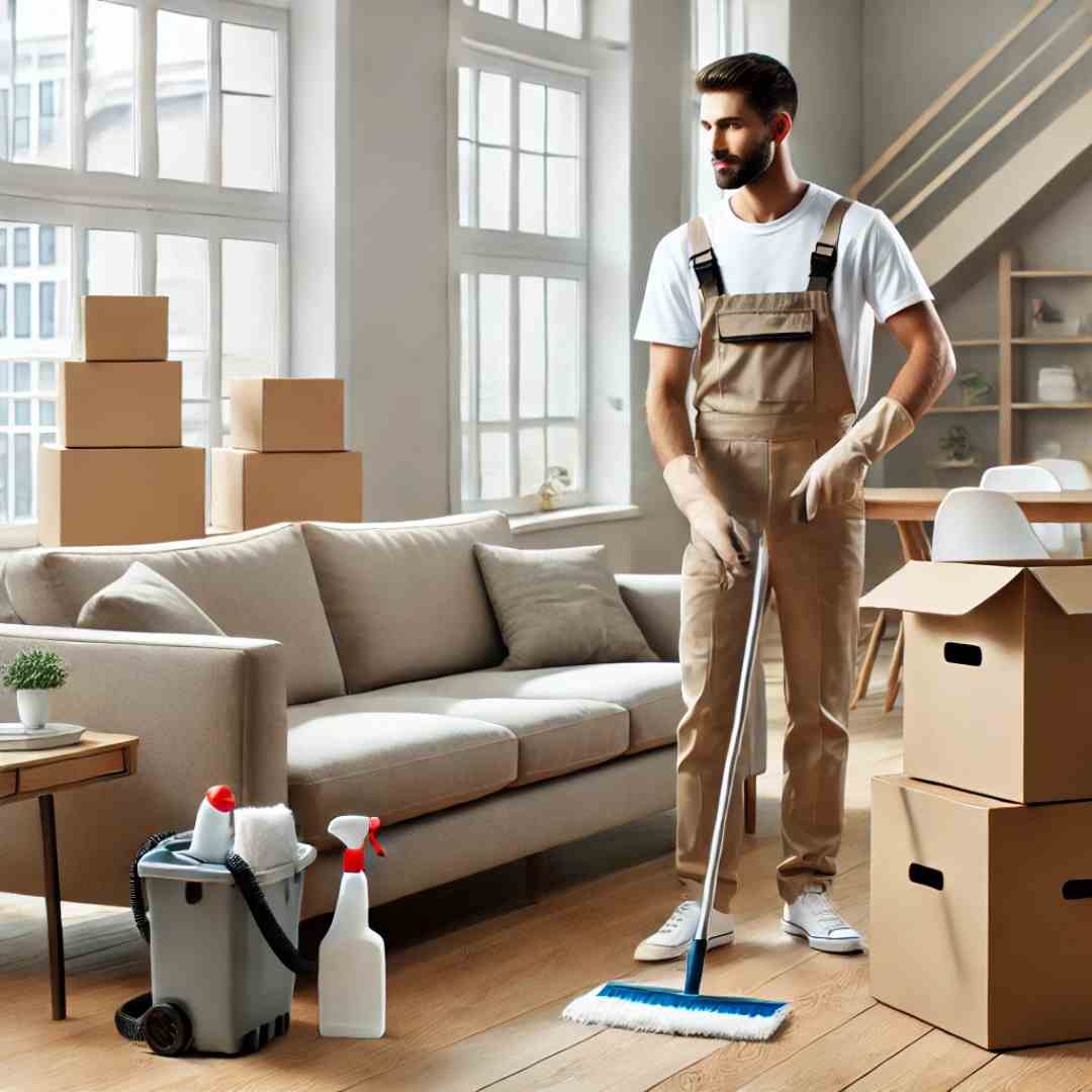A professional cleaner in uniform cleaning an empty living room with moving boxes neatly stacked in the corner, showcasing professional move-out cleaning services.