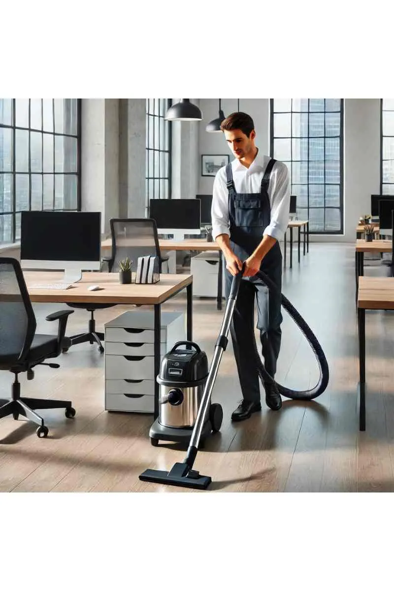 A professional cleaner in uniform vacuuming the floor of a modern office with sleek desks and natural light, showcasing commercial cleaning services