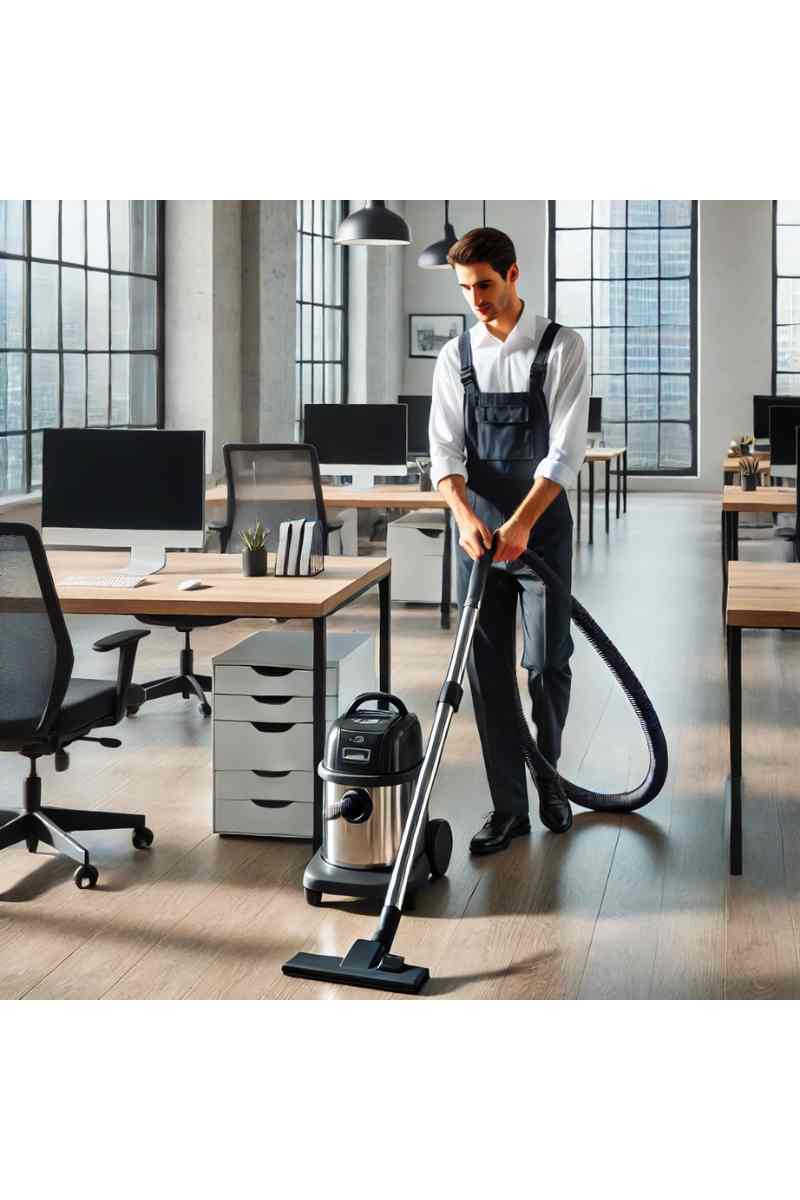 A professional cleaner in uniform vacuuming the floor of a modern office with sleek desks and natural light, showcasing commercial cleaning services