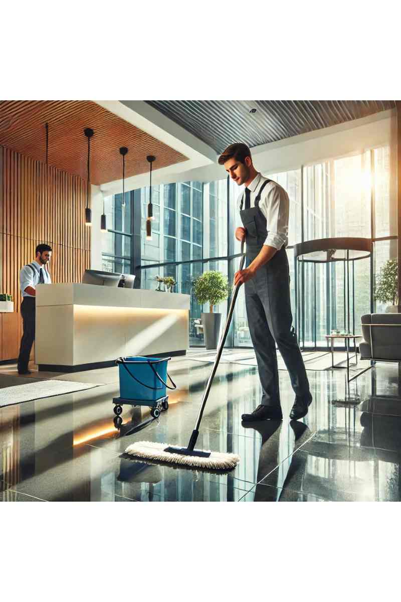 A professional janitor in uniform mopping the floor of a modern office lobby with clean glass doors and a reception desk, showcasing professional janitorial services