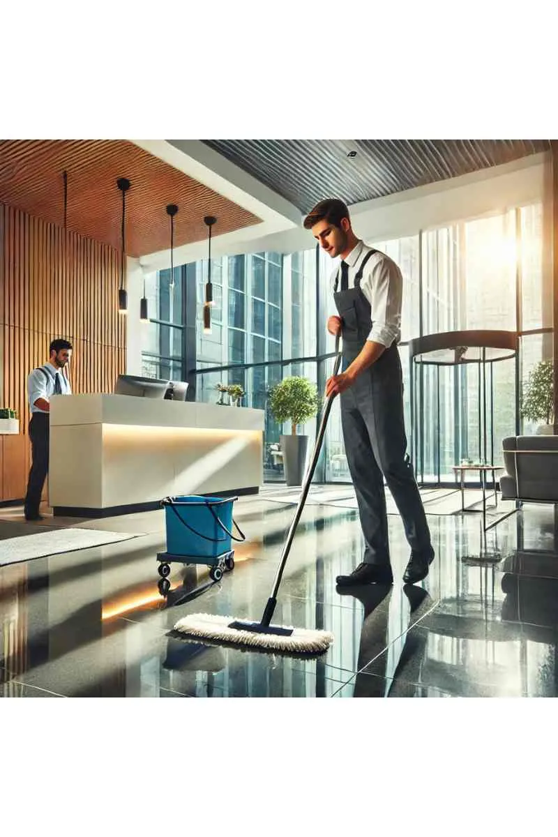 A professional janitor in uniform mopping the floor of a modern office lobby with clean glass doors and a reception desk, showcasing professional janitorial services