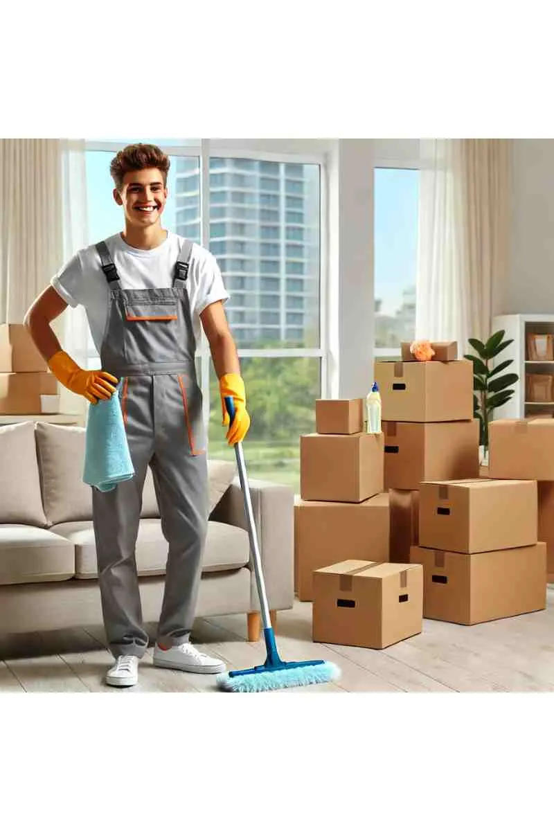 A professional cleaner in uniform cleaning a modern living room with moving boxes neatly stacked, showcasing professional house moving cleaning services.