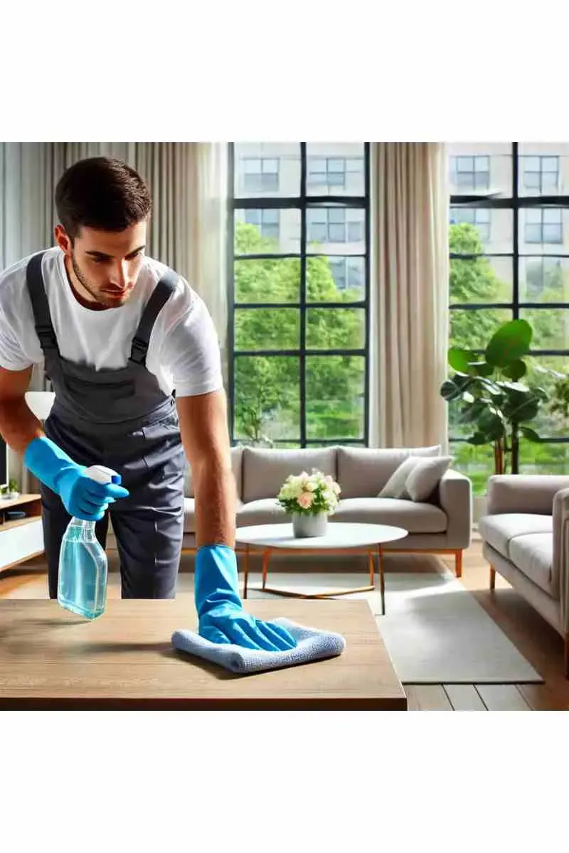 A professional cleaner in uniform wiping down a modern living room table with a clean sofa and large windows in the background, emphasizing professional cleaner house services