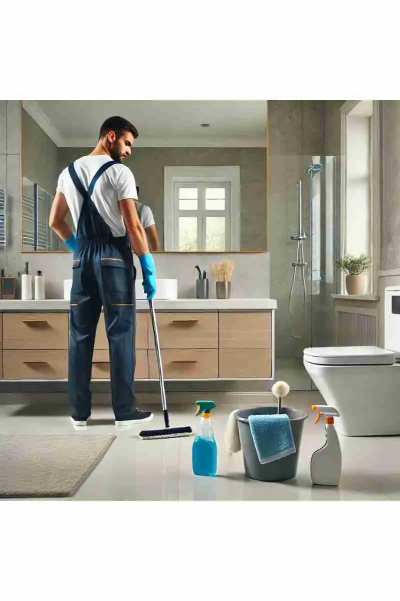 A professional cleaner in uniform cleaning a modern bathroom in an empty apartment, with cleaning supplies arranged nearby, highlighting move-out cleaning services