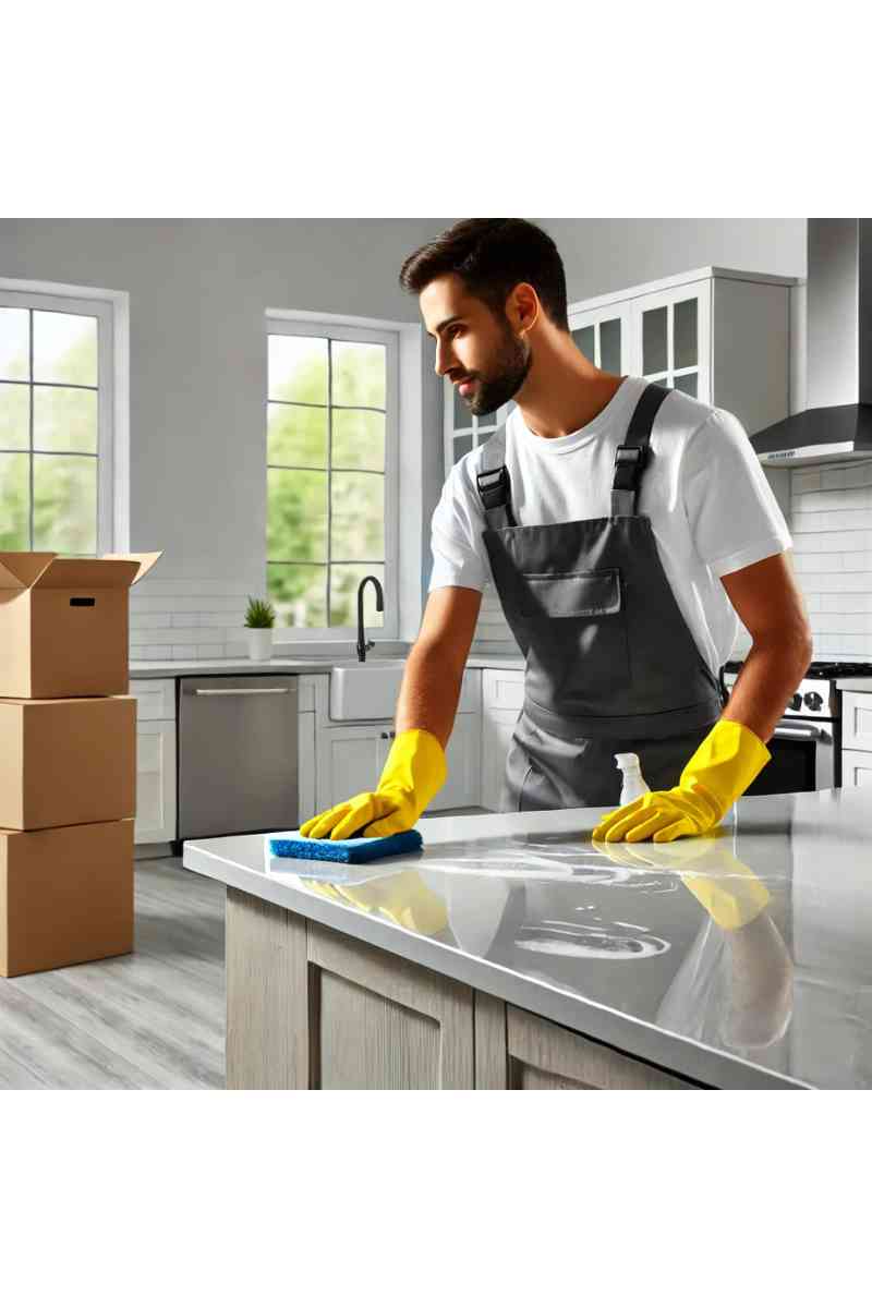 A professional cleaner in uniform scrubbing a countertop in an empty, modern kitchen with stainless steel appliances and moving boxes in the background, showcasing moving out cleaning services