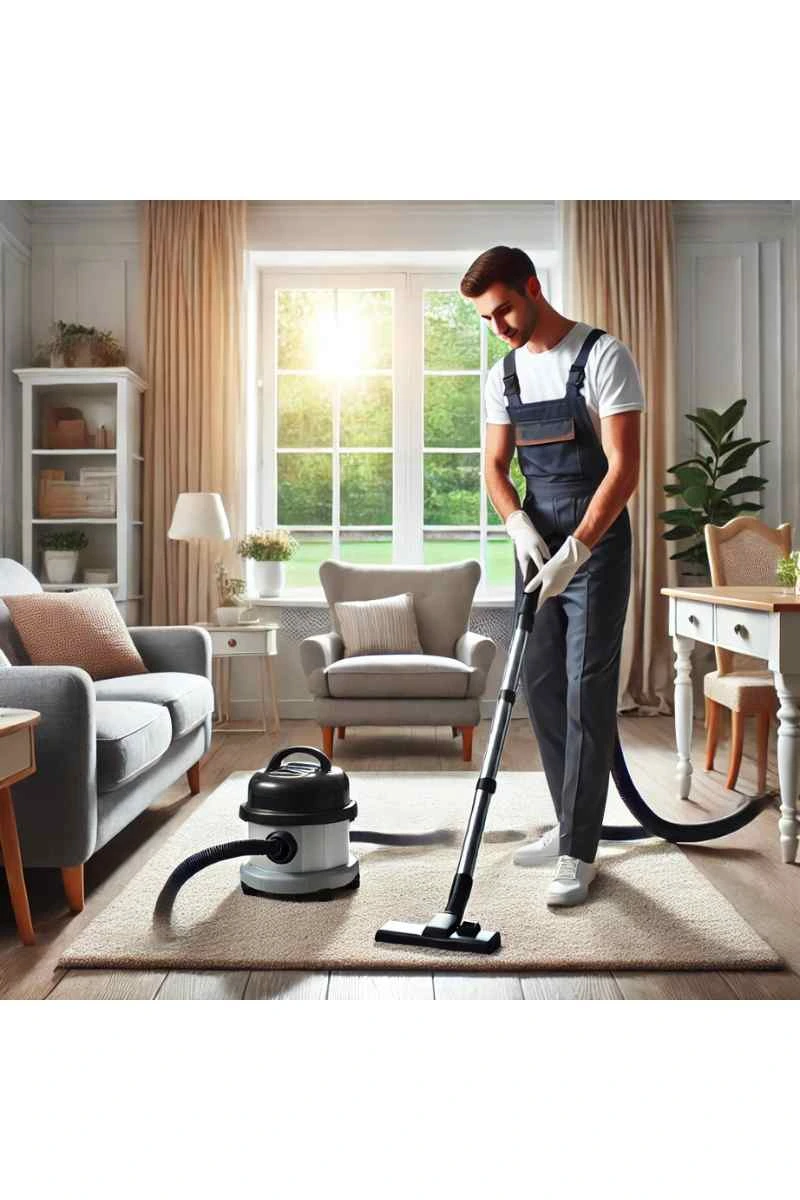 A professional cleaner in uniform vacuuming a cozy living room with a soft rug, clean coffee table, and large windows emphasizing professional house cleaning services