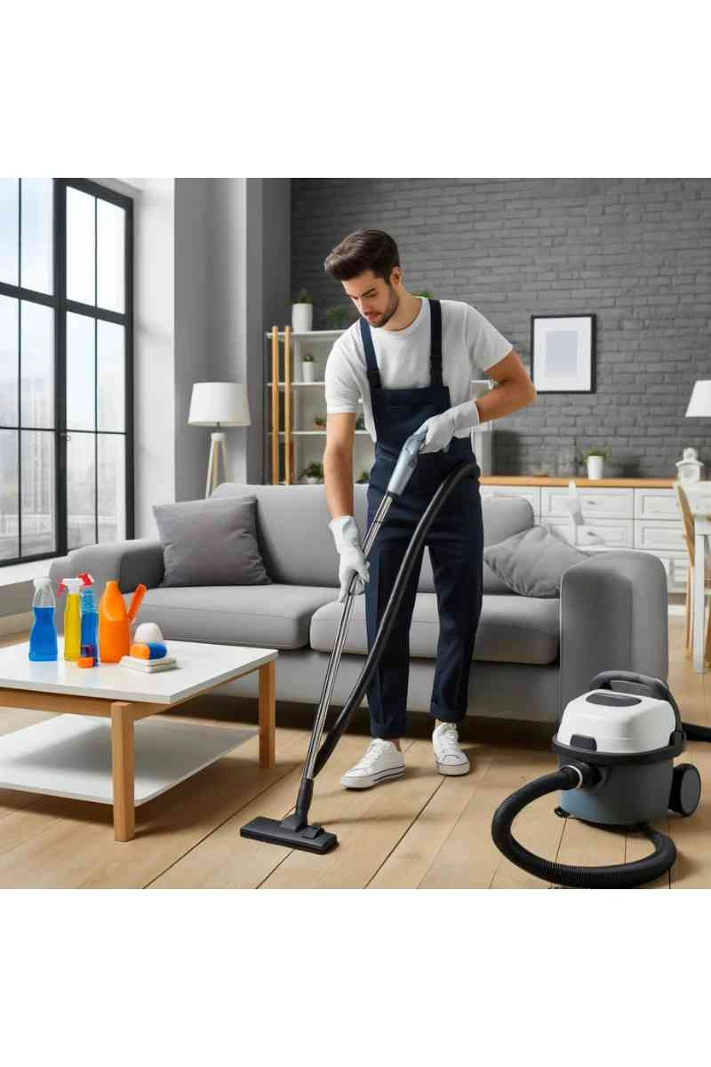 A professional cleaner in uniform tidying up a modern living room with a vacuum cleaner and cleaning supplies, showcasing same-day cleaning services