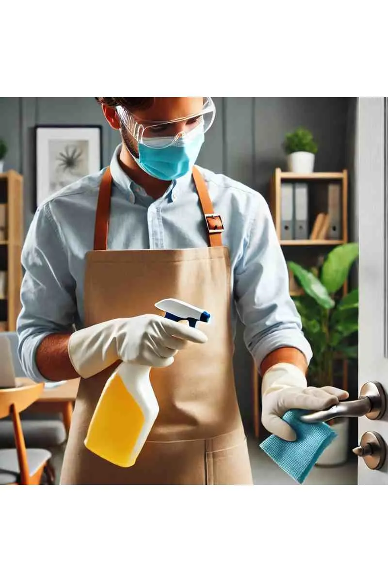A professional cleaner in protective gear disinfecting a high-touch surface, such as a doorknob, with visible cleaning supplies, emphasizing effective norovirus cleaning.