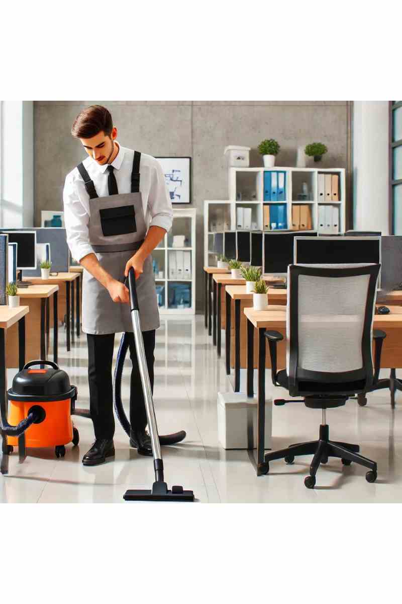 A professional janitor in uniform vacuuming the floor in a modern, well-lit office space with desks and chairs neatly arranged, showcasing professional janitorial services