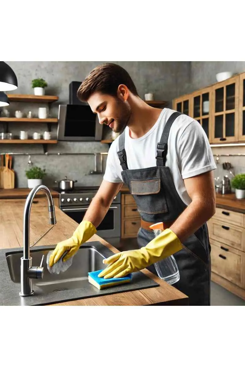 A professional cleaner in uniform wiping countertops and scrubbing a sink in a modern, well-lit kitchen, emphasizing affordable deep cleaning services