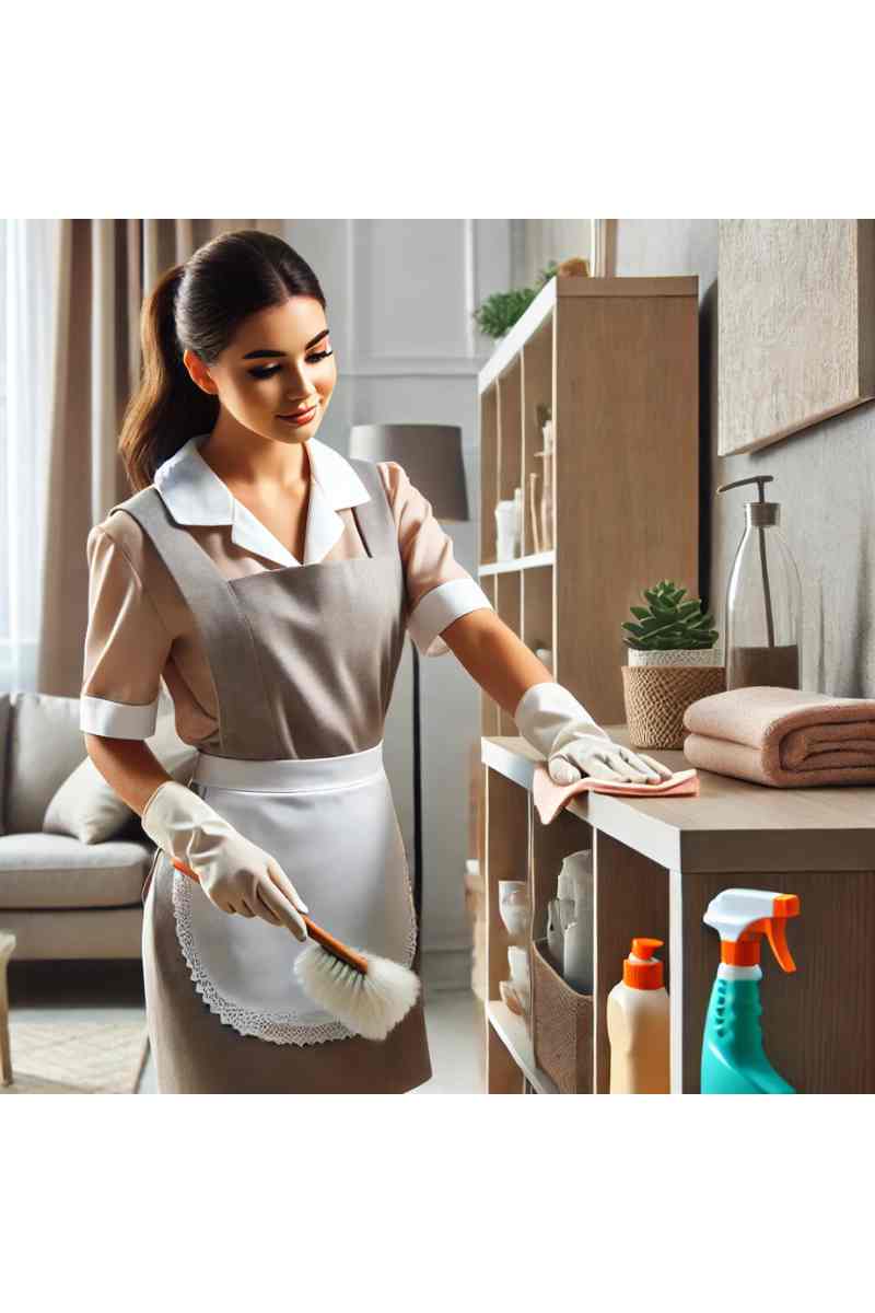 A professional maid in a neat uniform dusting a shelf in a cozy, well-lit living room with cleaning supplies nearby, highlighting clean maid services