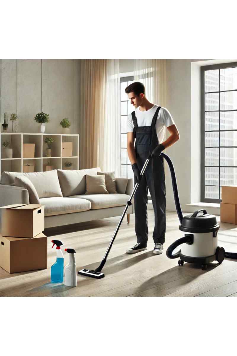 A professional cleaner in uniform vacuuming an empty living room with moving boxes and cleaning supplies nearby, highlighting professional move-out cleaning services